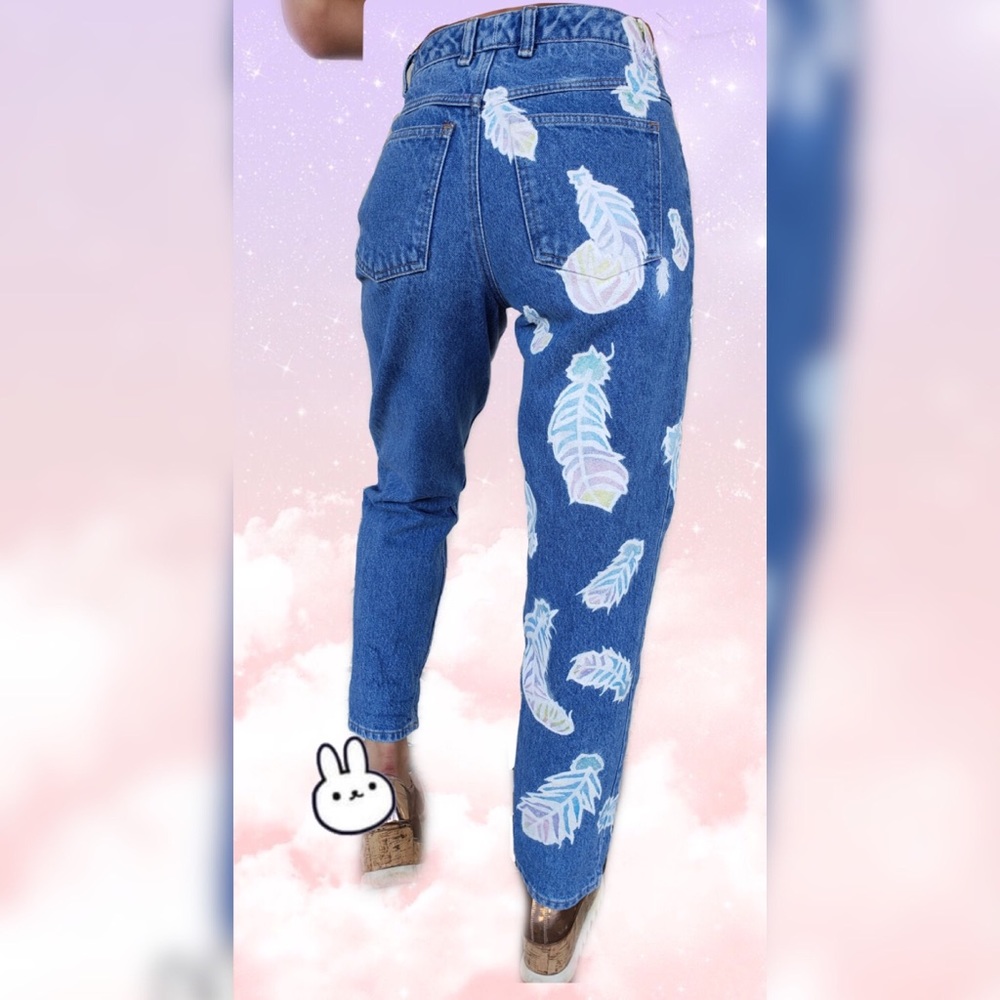 High Waist Hand Painted Jeans Grunge 90s Style - Picture 7 of 8